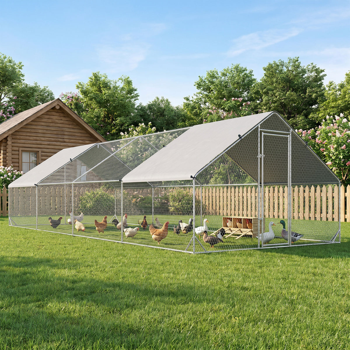Pawhut Gallinero Para Exterior 24 M² 3x8x2m Con Cubierta De Pe Y Cerradura Plata_3