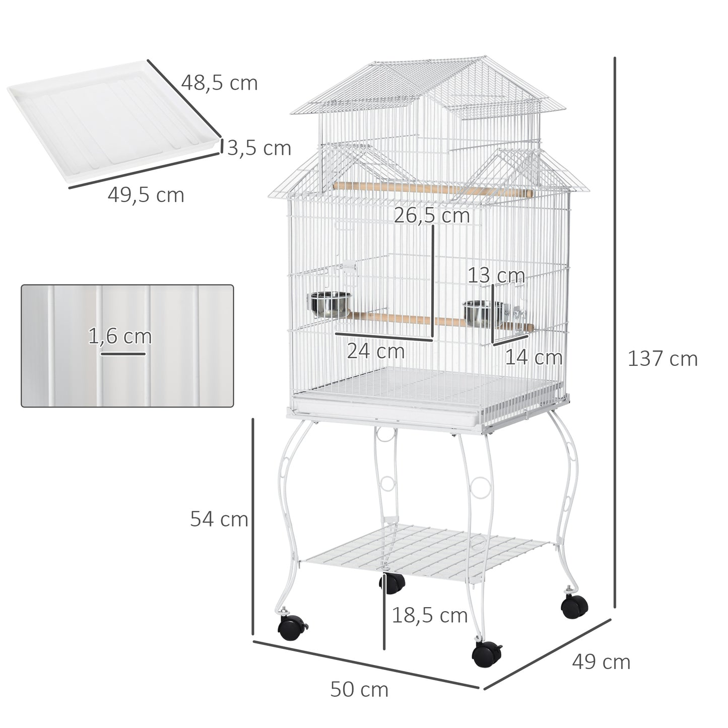 Pawhut Jaula Para Pájaros Con Ruedas 50x49x137cm Con Bandeja Extraíble Comederos_2