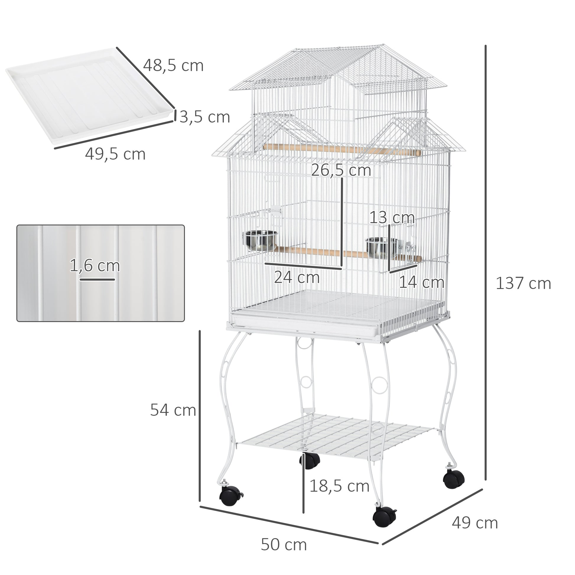 Pawhut Jaula Para Pájaros Con Ruedas 50x49x137cm Con Bandeja Extraíble Comederos_2