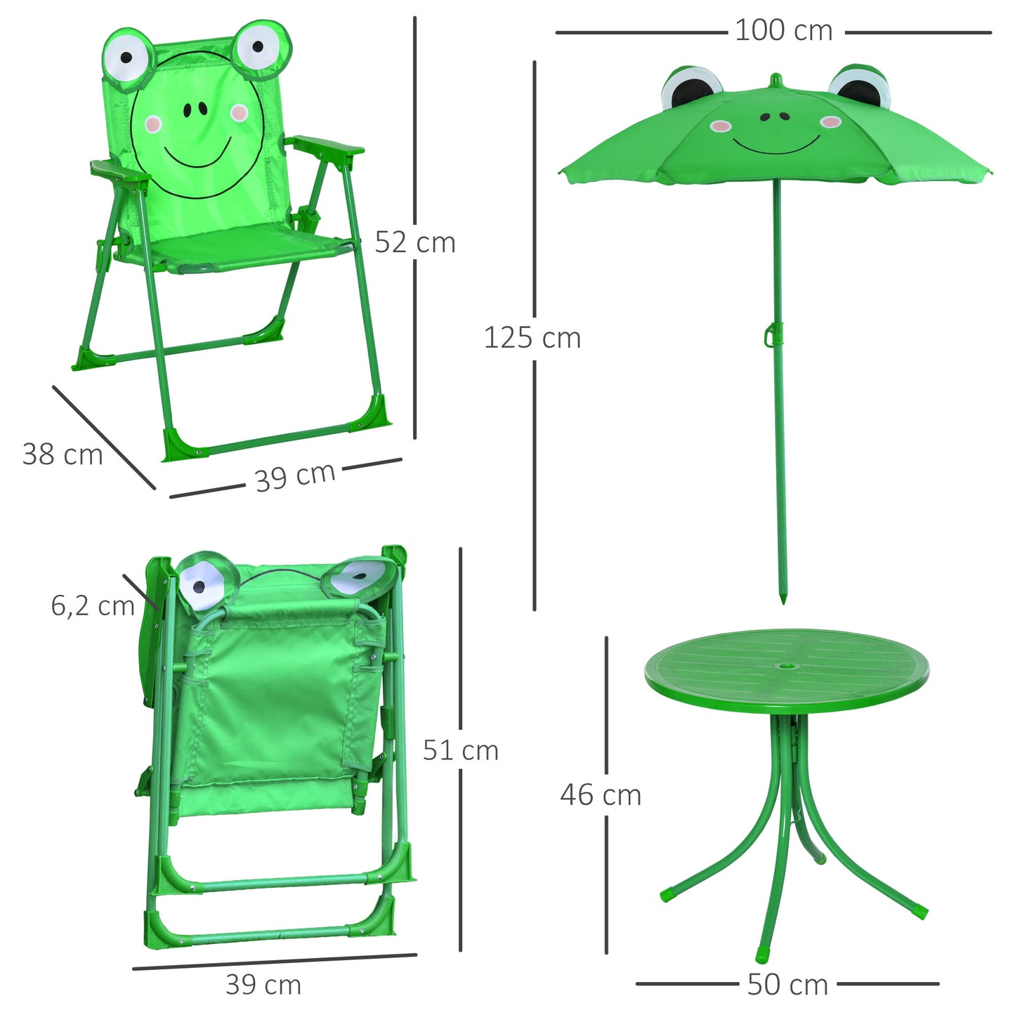 Outsunny Mesa Y Sillas Infantil De Jardín Plegable Con Sombrilla Ajustable Verde_2