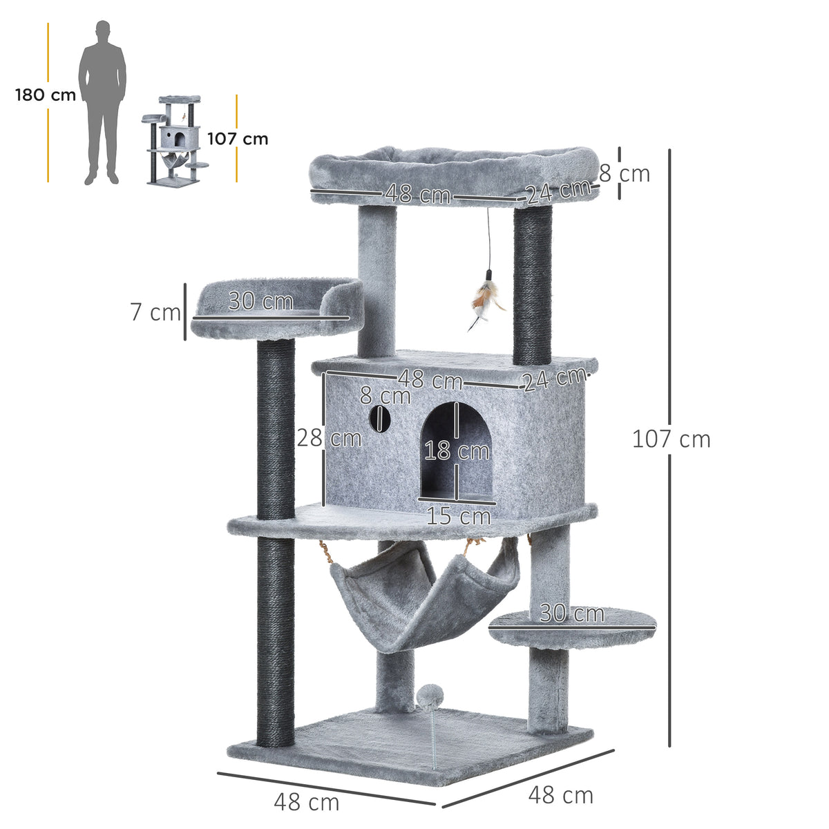 Pawhut Árbol Rascador Gatos 48x48x107cm Con Cueva De Fieltro Desmontable Hamaca_2
