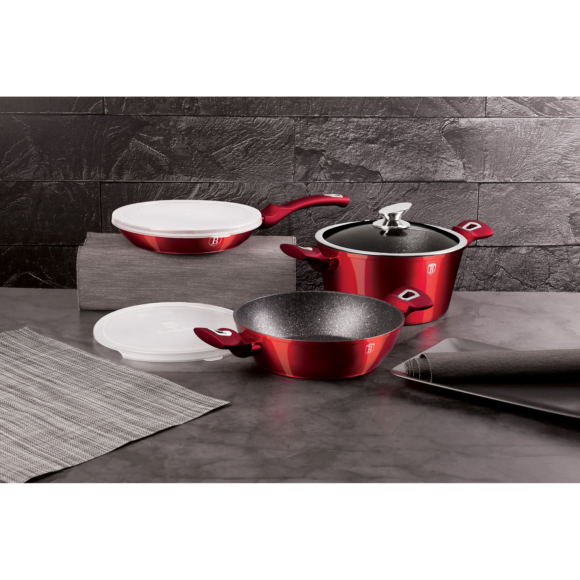 Batería De Cocina Aluminio Forjado Antiadherente Sin Pfoa, Set 2 Cacerolas, 1 Sartén, Tapas Berlinger Haus Burgundy Rojo_1