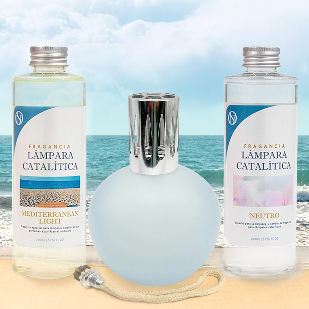 Pack Lámpara Catalítica Azul Grisáceo Mate + Fragancia Mediterranean Light 200ml + Limpiador 200ml + Mecha Repuesto_1