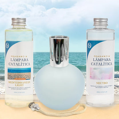 Pack Lámpara Catalítica Azul Grisáceo Mate + Fragancia Mediterranean Light 200ml + Limpiador 200ml + Mecha Repuesto_1