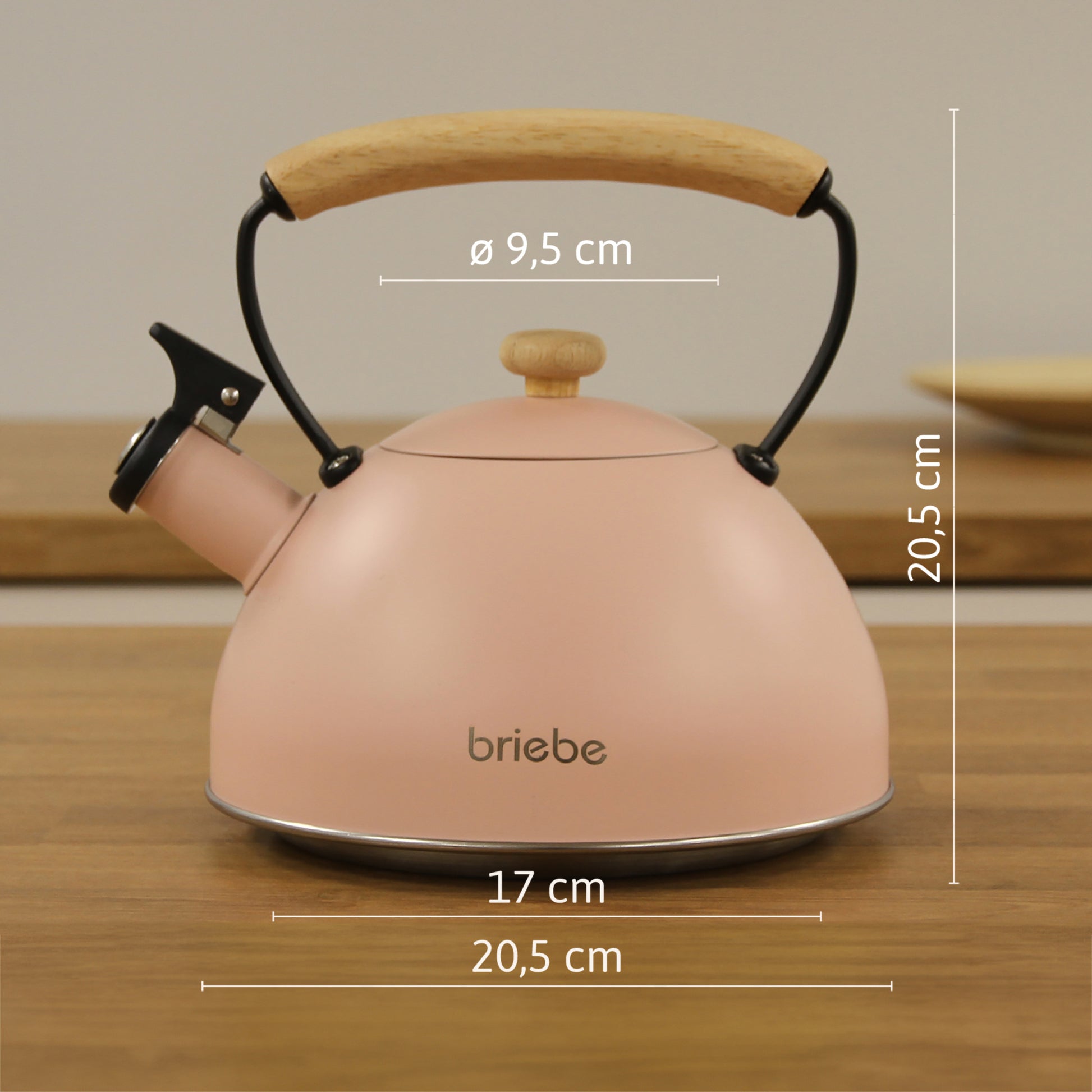 Briebe Tetera Con Silbato, Hervidor De Agua 2,3l, Inducción, Acero Inox, Vintage, Mango Madera, Pastel, Rosa_5