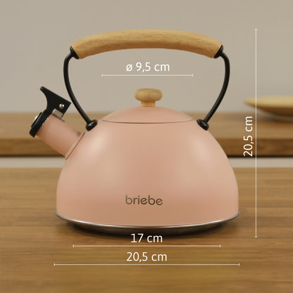Briebe Tetera Con Silbato, Hervidor De Agua 2,3l, Inducción, Acero Inox, Vintage, Mango Madera, Pastel, Rosa_5