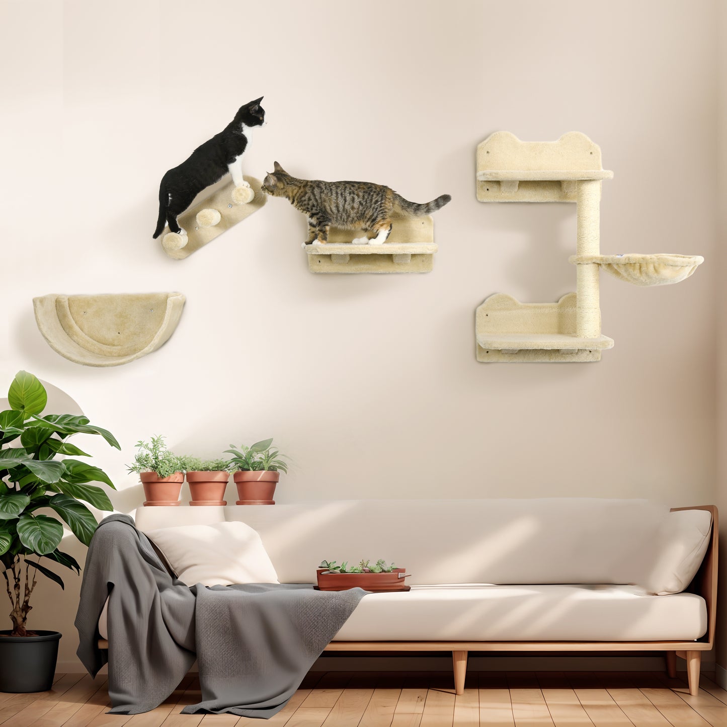 Pawhut Estante De Escalada Para Gatos De Pared Con Hamaca Nido Plataformas Beige_1