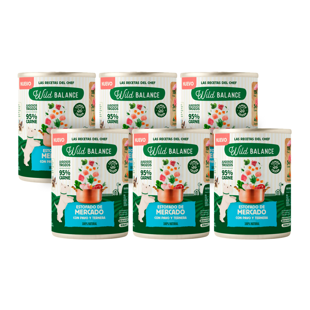 Pack 6X Estofado de mercado con pavo y ternera para perros Wild Balance 400 g