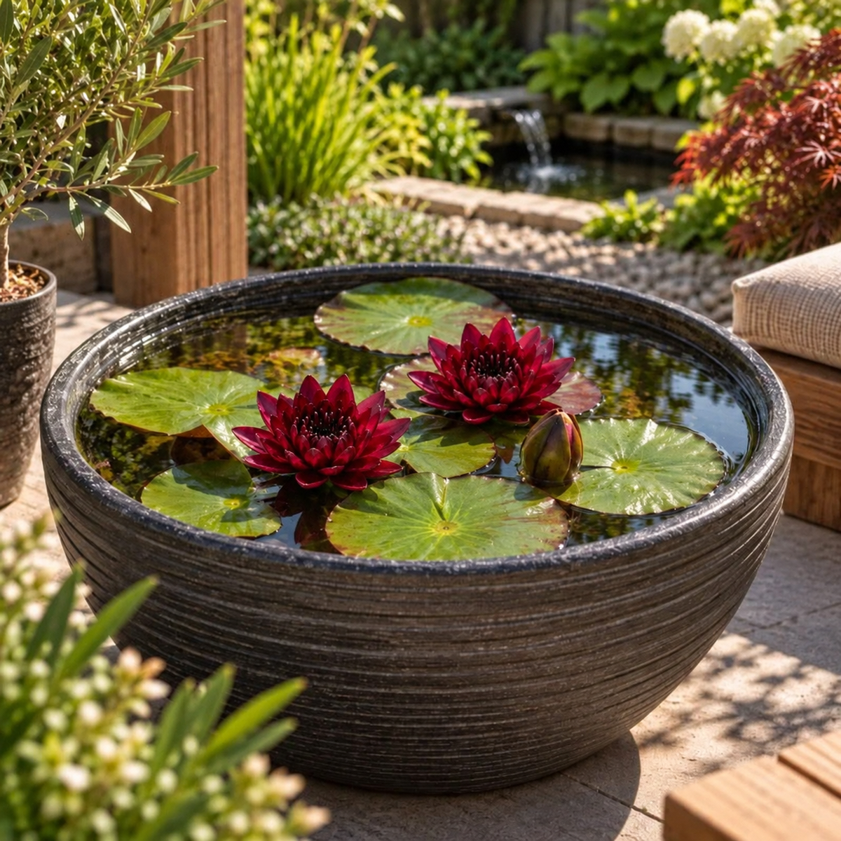 Nenúfar Rojo Oscuro - Nymphaea - 1x Nenúfar Multiflor Con Cesta_3