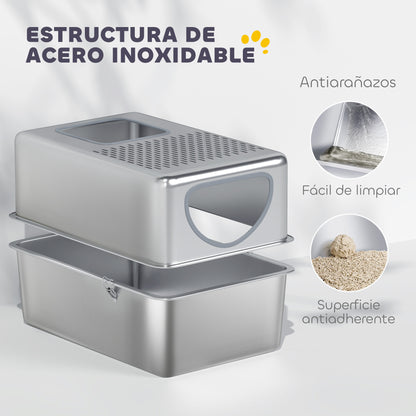 Pawhut Arenero Para Gatos De Acero Inoxidable Xl Con Pala Fácil De Limpiar Plata_3