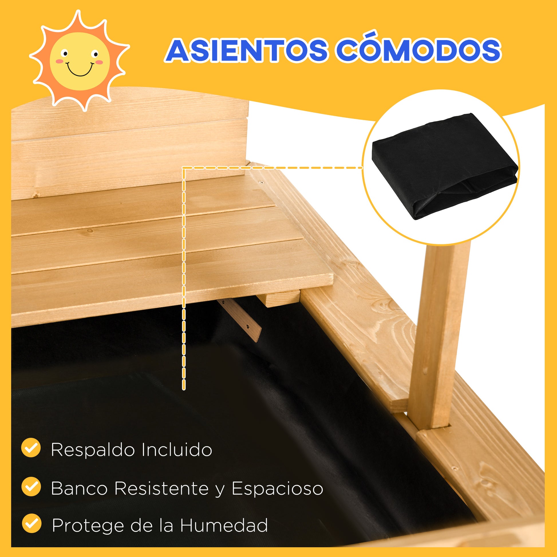 Outsunny Arenero Para Niños De Madera Con Toldo Ajustable 106x106x115 Cm Natural_5