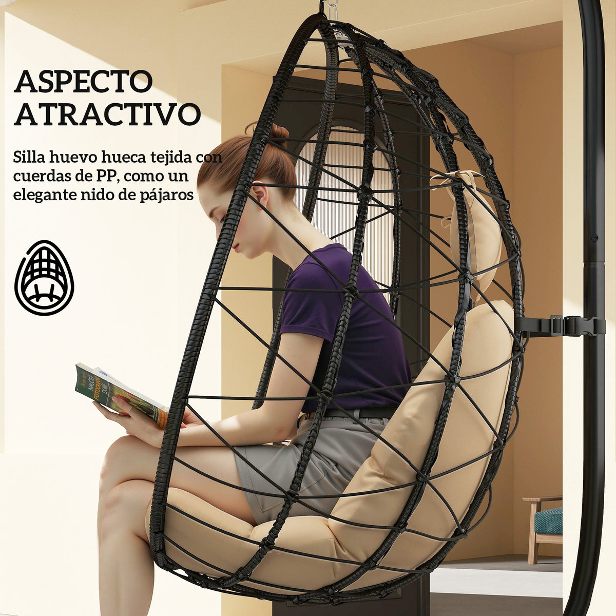 Outsunny Silla Colgante Huevo Con Soporte Con Cesta Plegable Cojín Caqui_5