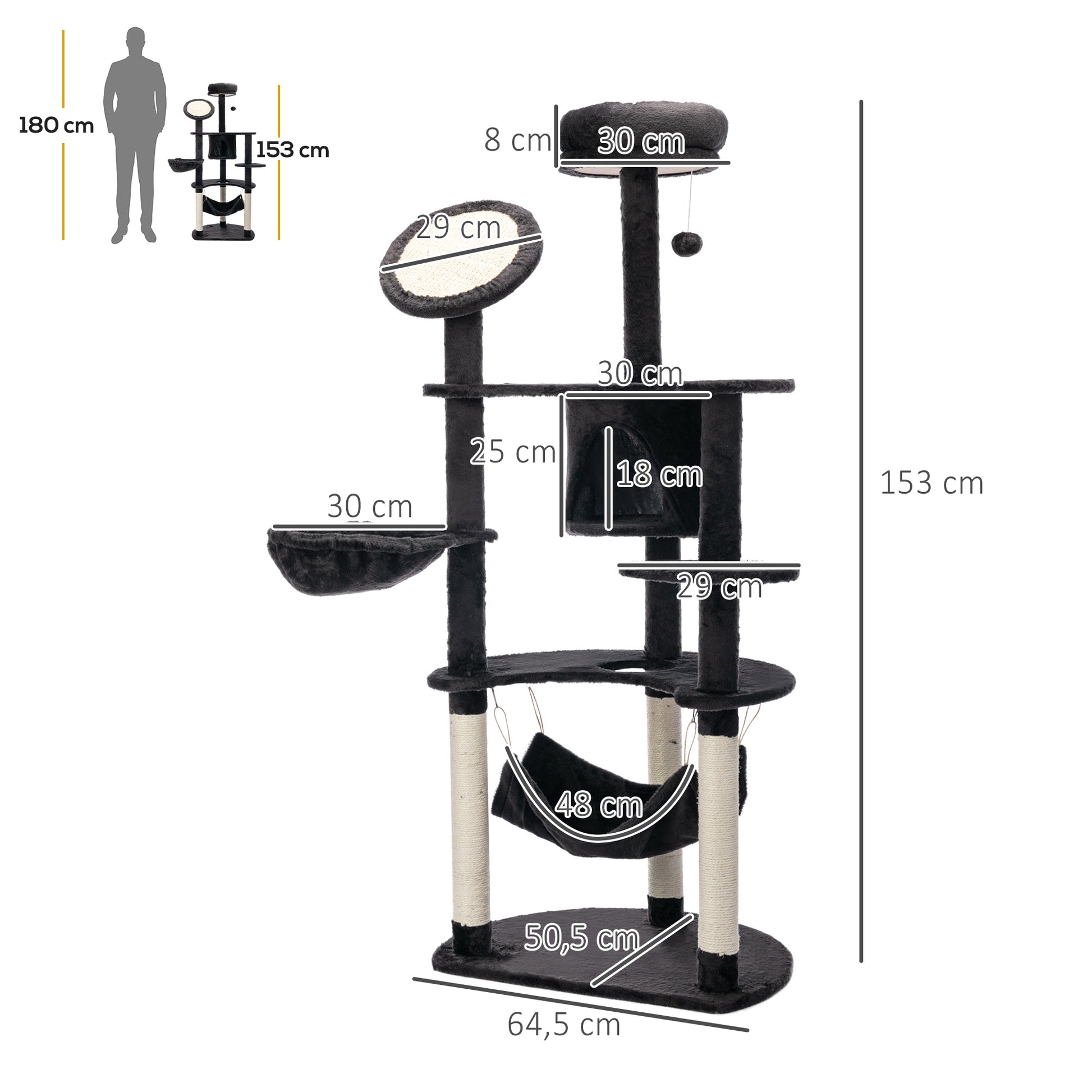 Pawhut Rascador Para Gatos 153 Cm Con Cueva Plataformas Postes De Sisal Y Bola_2