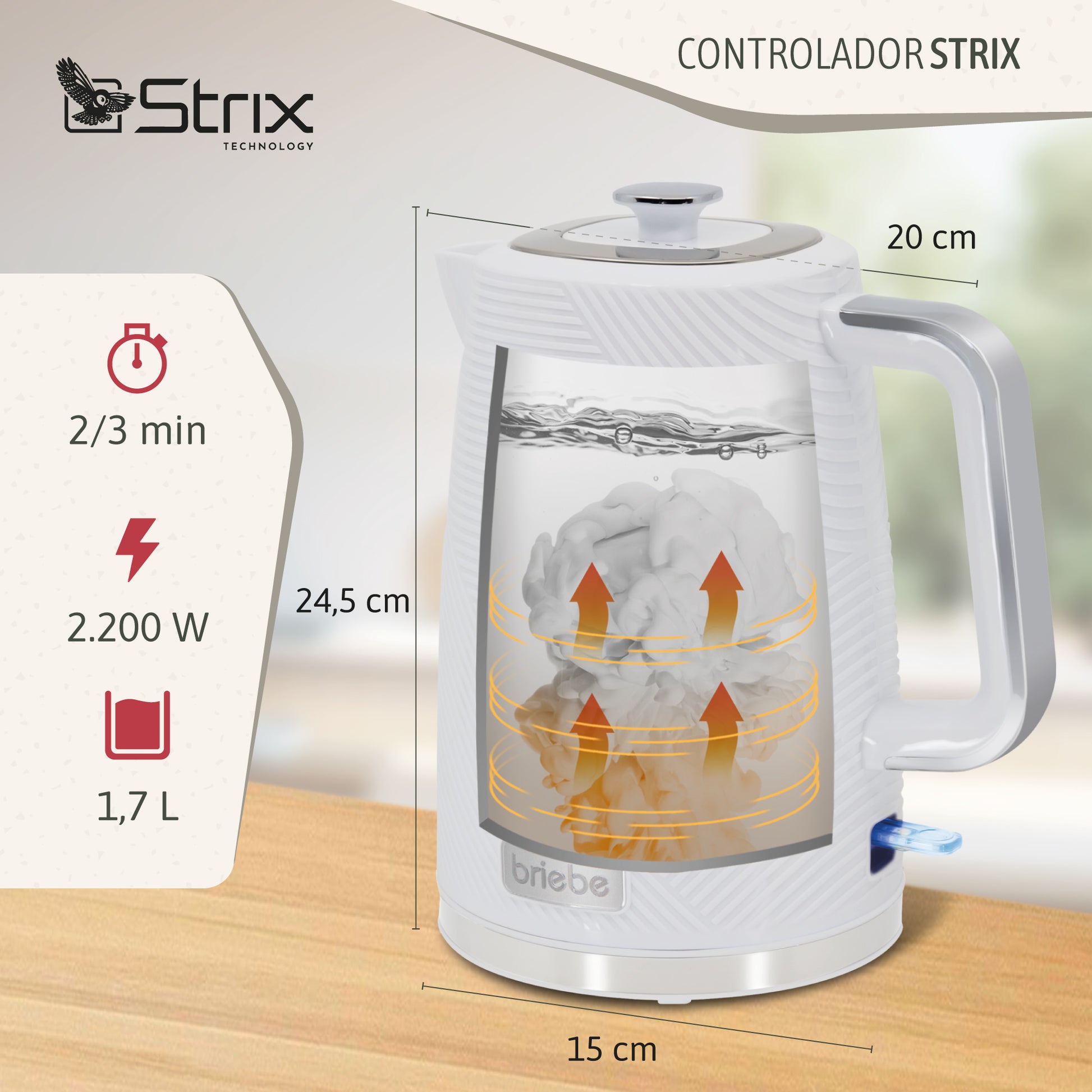 Briebe Elegance Hervidor Agua Eléctrico 1,7l Inalámbrico Ebullición Rápida, Libre De Bpa, Base De 360°, Kt1168wht,blanco_2
