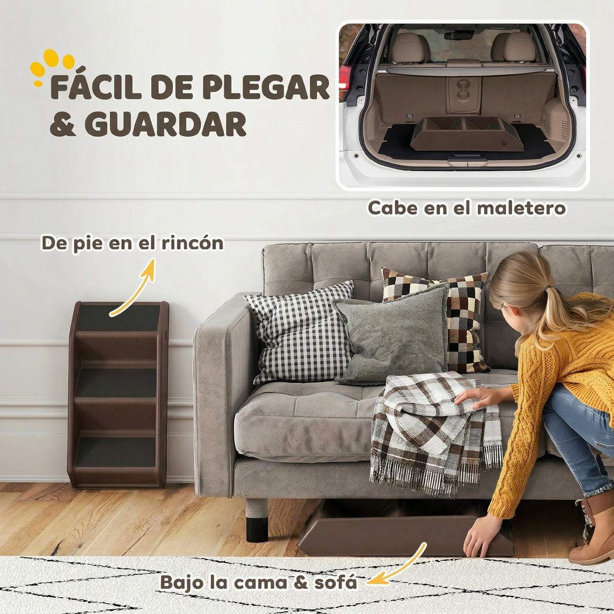Pawhut Escalera Para Mascotas Plegable De 3 Peldaños 53x30,5x36,5 Cm Marrón_4