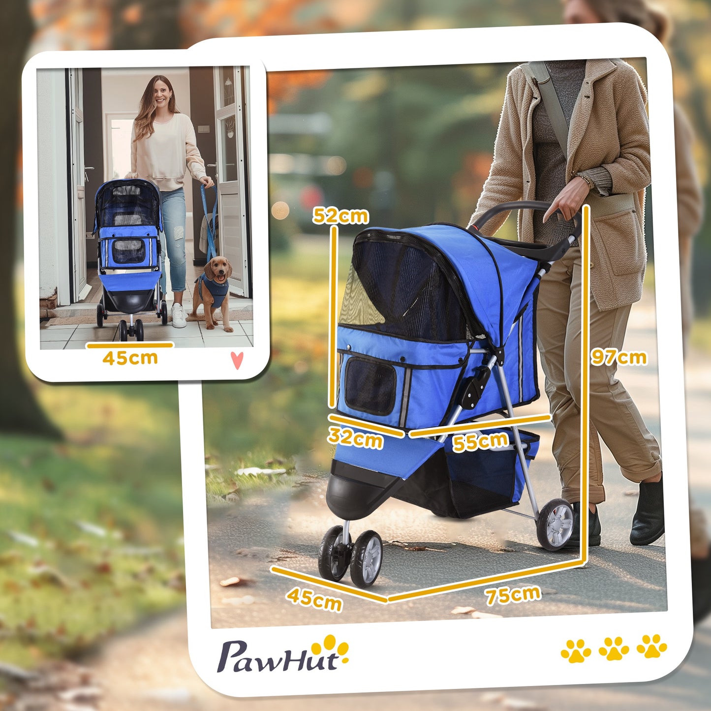 Pawhut Carrito Para Perros Plegable Con Cesta De Almacenaje 75x45x97 Cm Azul_2