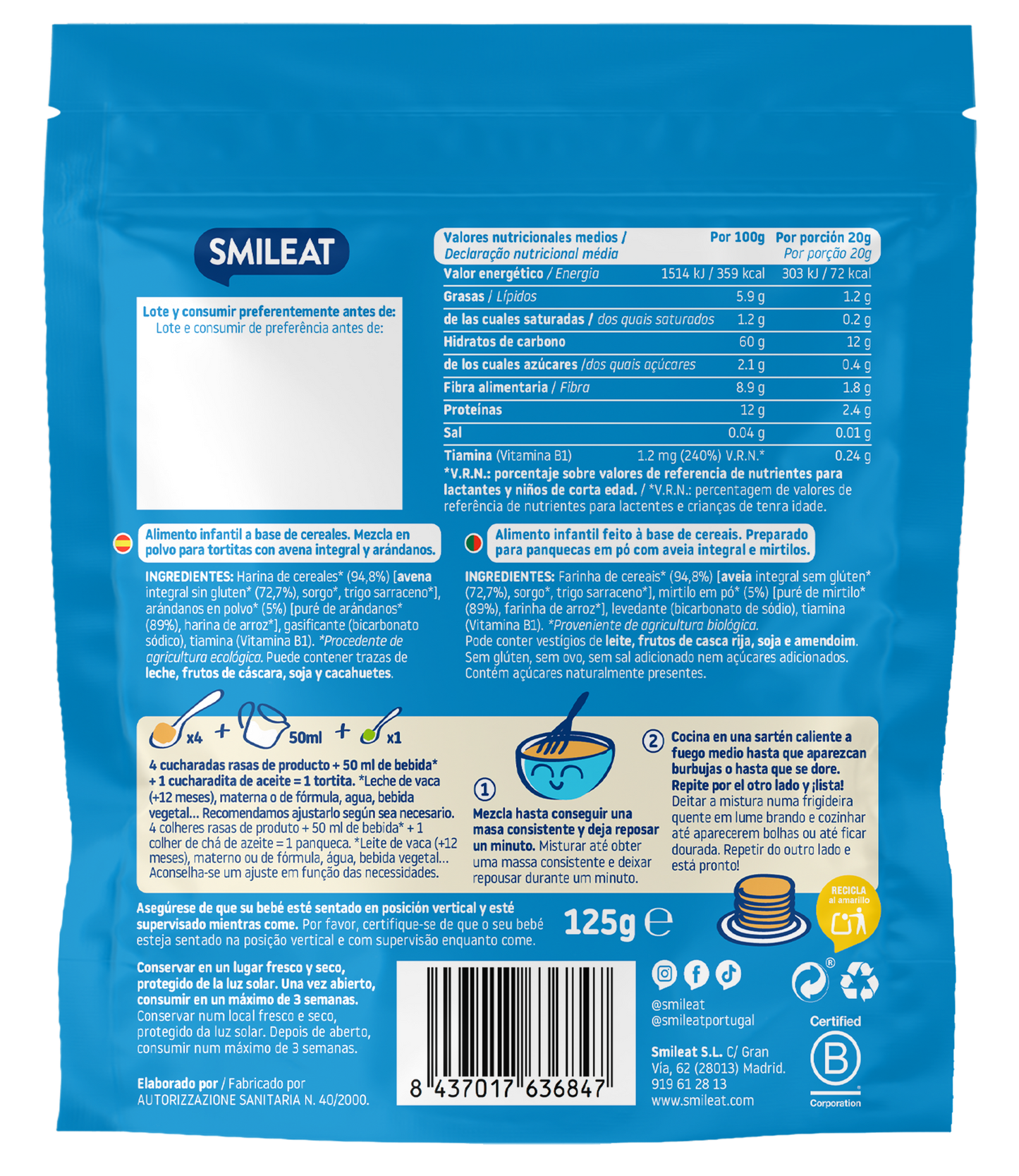 Pack 3x Mix Tortitas Avena integral y arándanos ECO, Smileat, 125 g