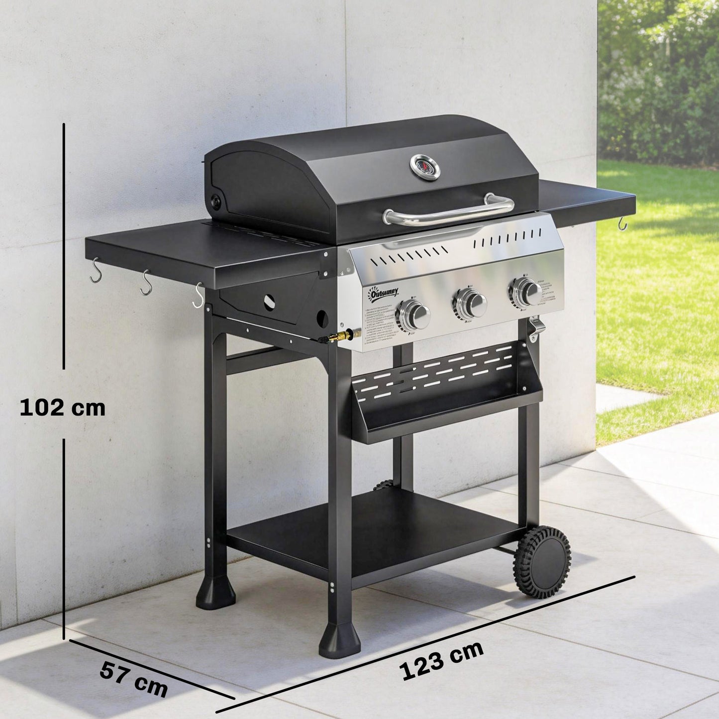 Outsunny Barbacoa De Gas Con 3 Quemadores 9 Kw Termómetro Mesas Laterales Negro_2