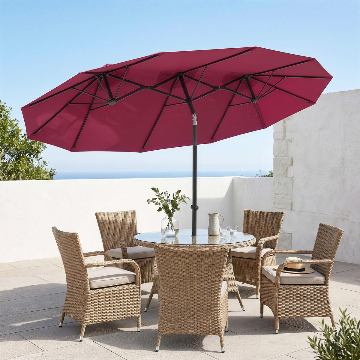 Outsunny Sombrilla Doble 295x152x222 Cm Con Inclinación De 45° Manivela Rojo_4