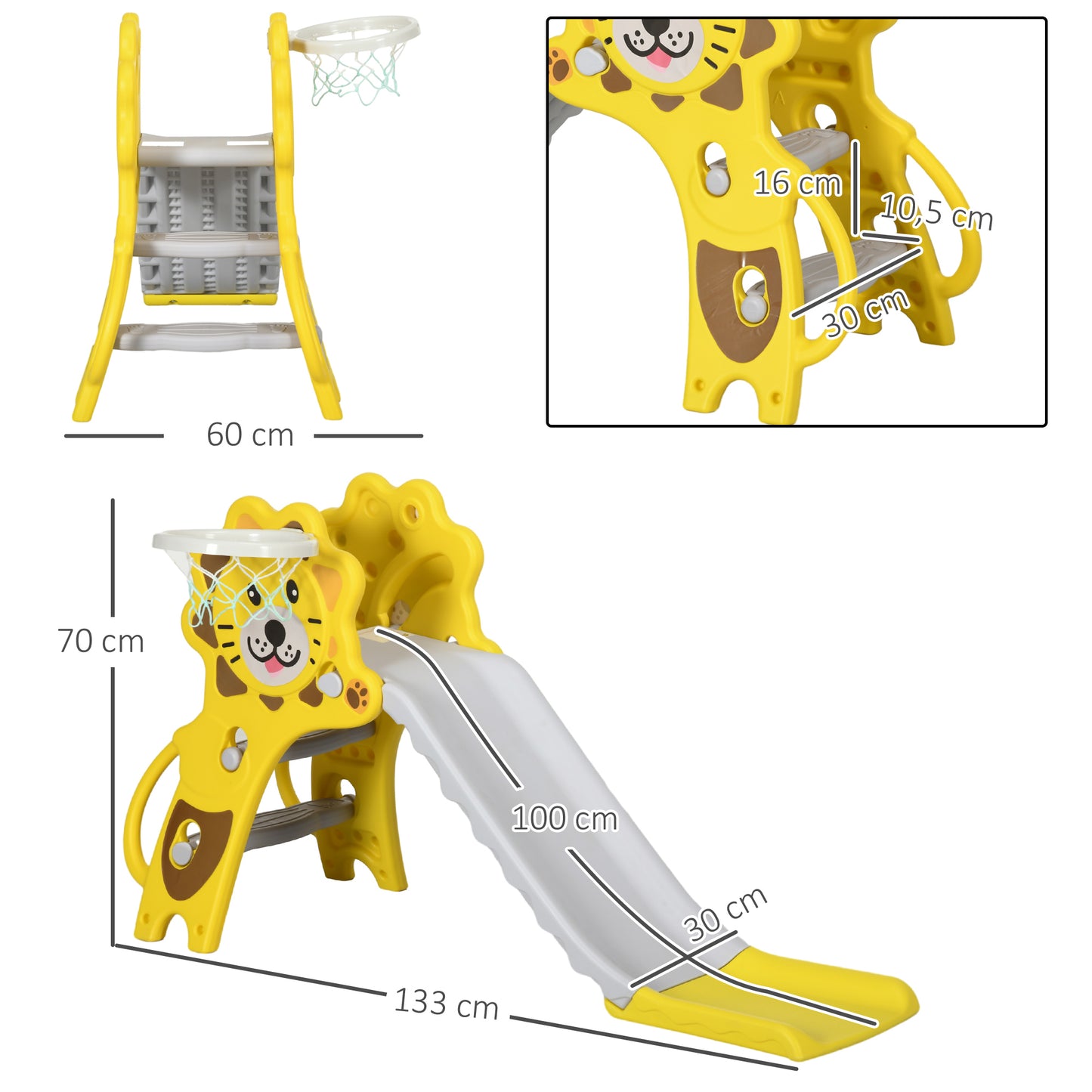 Aiyaplay Tobogán Infantil 3 En 1 Con 2 Escaleras 131x50x74 Cm Amarillo Y Gris_2