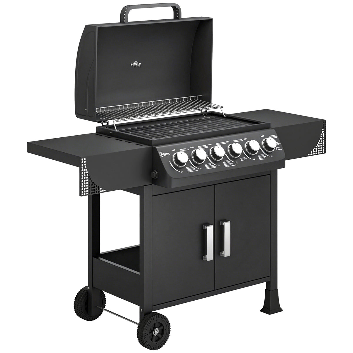 Outsunny Barbacoa De Gas Con 6 Quemadores 15 Kw Termómetro Y Mesas Laterales_0