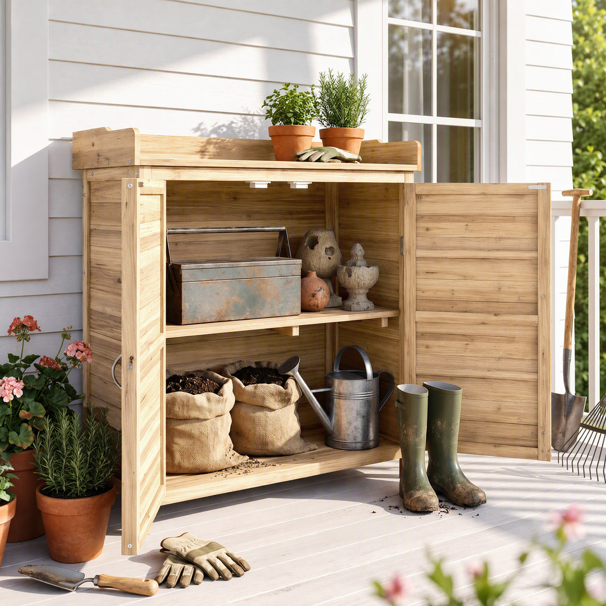 Outsunny Armario De Jardín De Madera Con 2 Puertas Estante 83x40x92 Cm Natural_3
