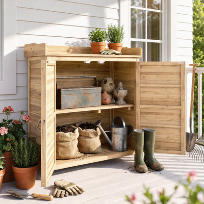 Outsunny Armario De Jardín De Madera Con 2 Puertas Estante 83x40x92 Cm Natural_3