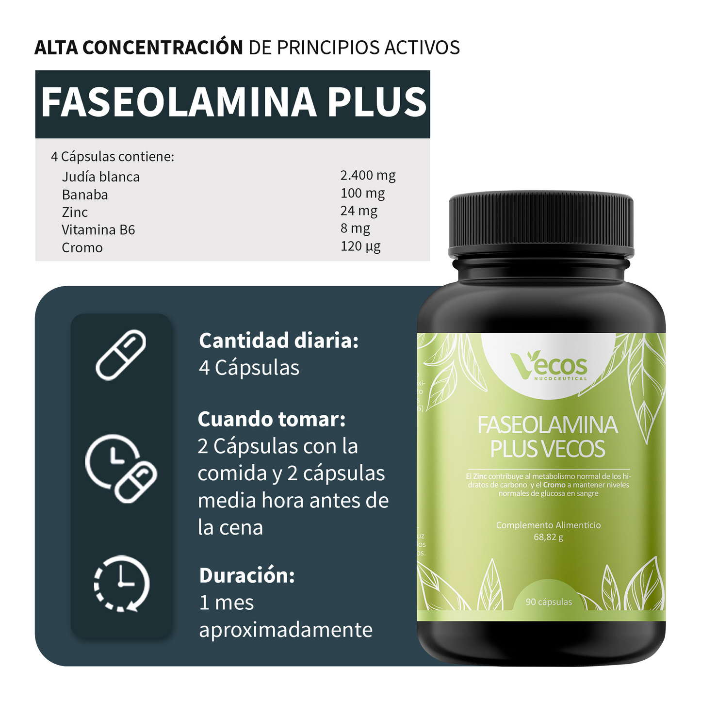 Faseolamina Plus 2400 Mg Vecos 90 Cápsulas | Bloqueador De Carbohidratos Y De Apetito | Con Banaba Y Cromo_2