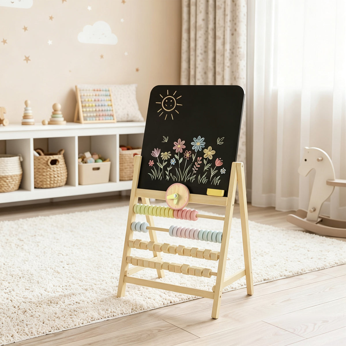 Aiyaplay Pizarra Infantil Caballete Con Reloj Ábaco Y Borrador Madera Natural_1