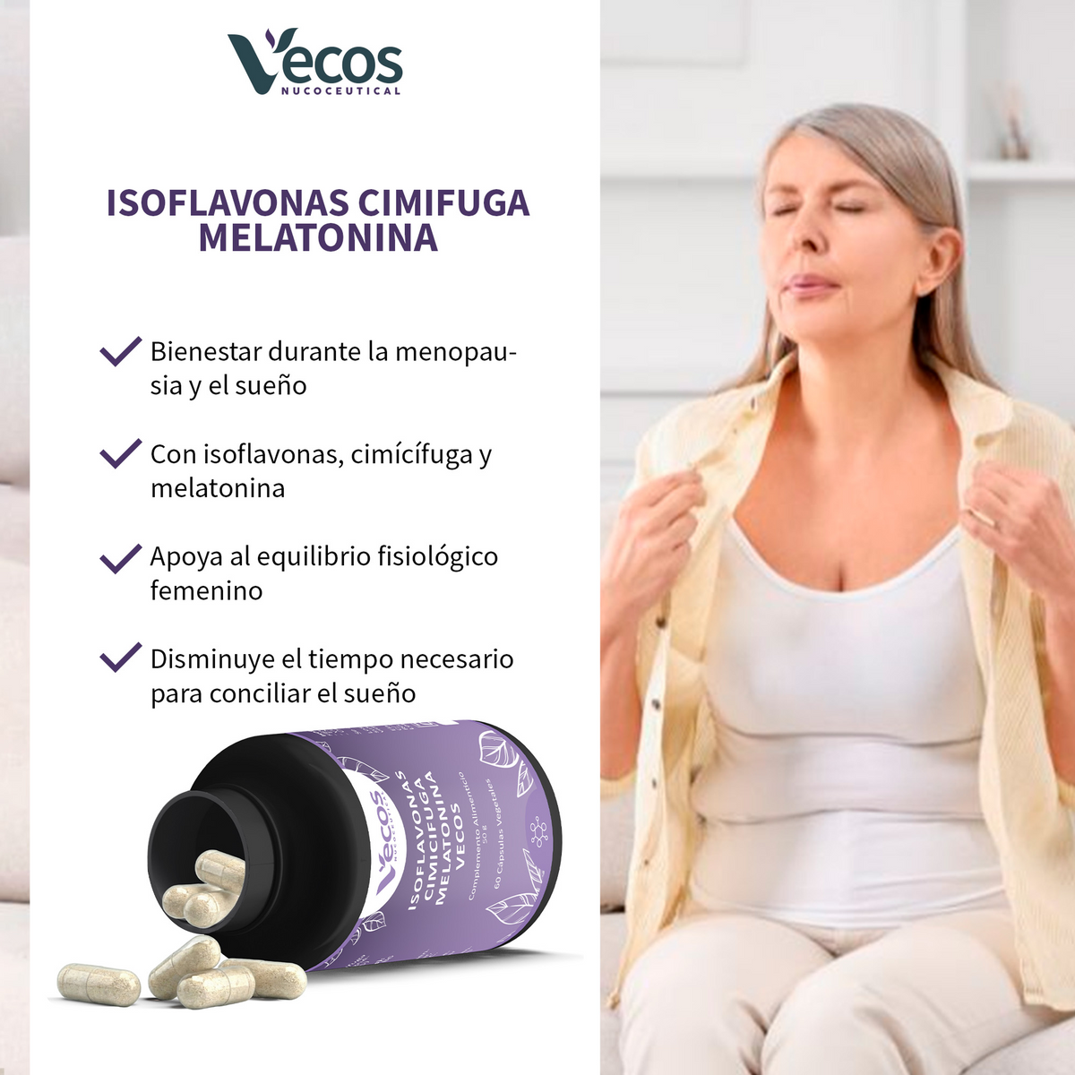 Isoflavonas + Cimicífuga + Melatonina Vecos 60 Cápsulas | Menopausia, Descanso Y Equilibrio Hormonal_3