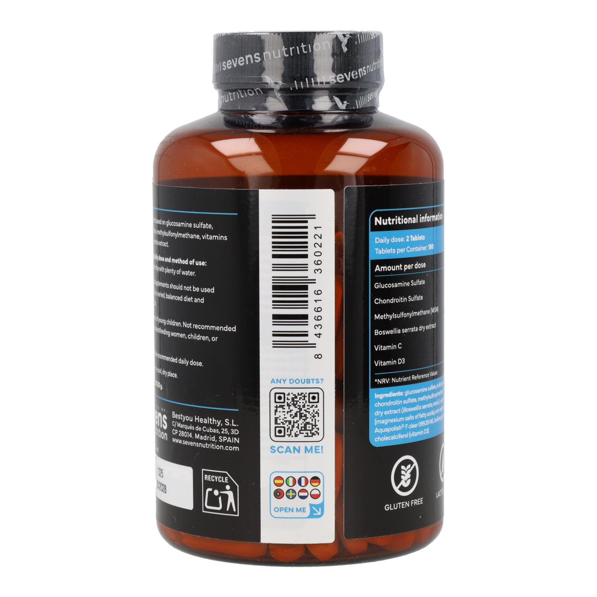 Glucosamina con Condroitina MSM Boswellia Vitaminas C y D3 Sevens Nutrition 180 cápsulas