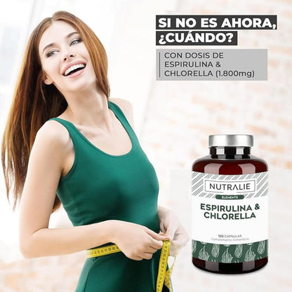 Nutralie Espirulina &amp; Chlorella 1800mg energía y fuerza 180 cápsulas