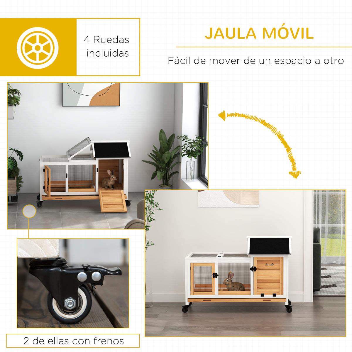 Pawhut Conejera De Madera Con Ruedas Techo Abatible 108x58x73,5 Cm Natural_5