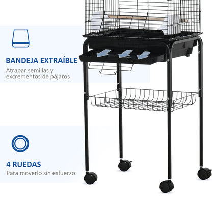 Pawhut Jaula Para Pájaros Con Soporte 4 Ruedas Techo Abrible 2 Comederos Estante_5