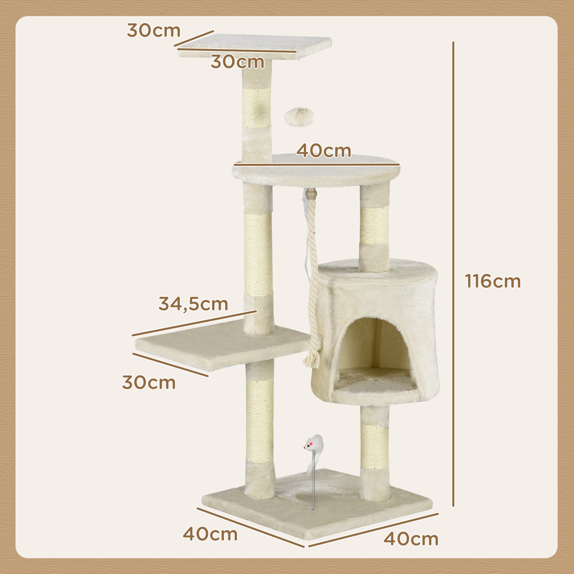 Pawhut Rascador Gato De 4 Pisos 116cm De Altura Árbol Poste Para Arañar Centro_2