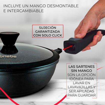 Briebe Set 2 Sartenes Inducción Antiadherentes, Mango Extraíble, Hondas, 24/ 28 Cm Sin Pfoa, Tapas, Mgk19s, Negro_3