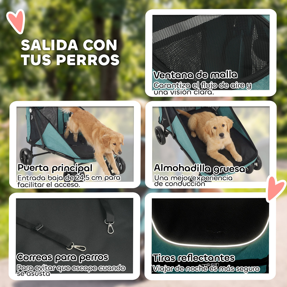 Pawhut Carrito Para Perros Plegable Con Un Botón Hasta 30 Kg Suspensión Turquesa_5