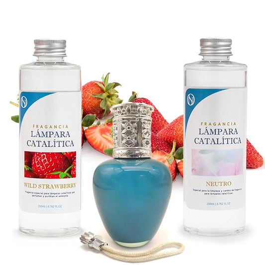 Pack Ahorro Lámpara Catalítica Aqua Marina + Fragancia Wild Strawberry 200ml + Limpiador Neutro 200ml + Mecha Repuesto_0