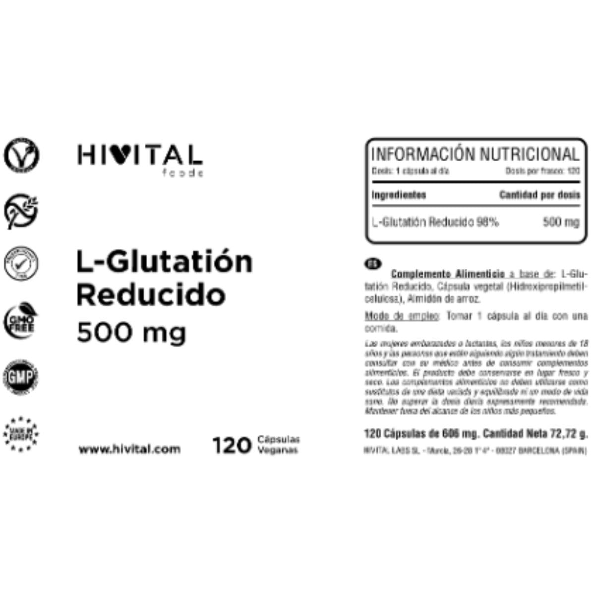 L-Glutation reducido 500 mg 120 cápsulas veganas Hivital