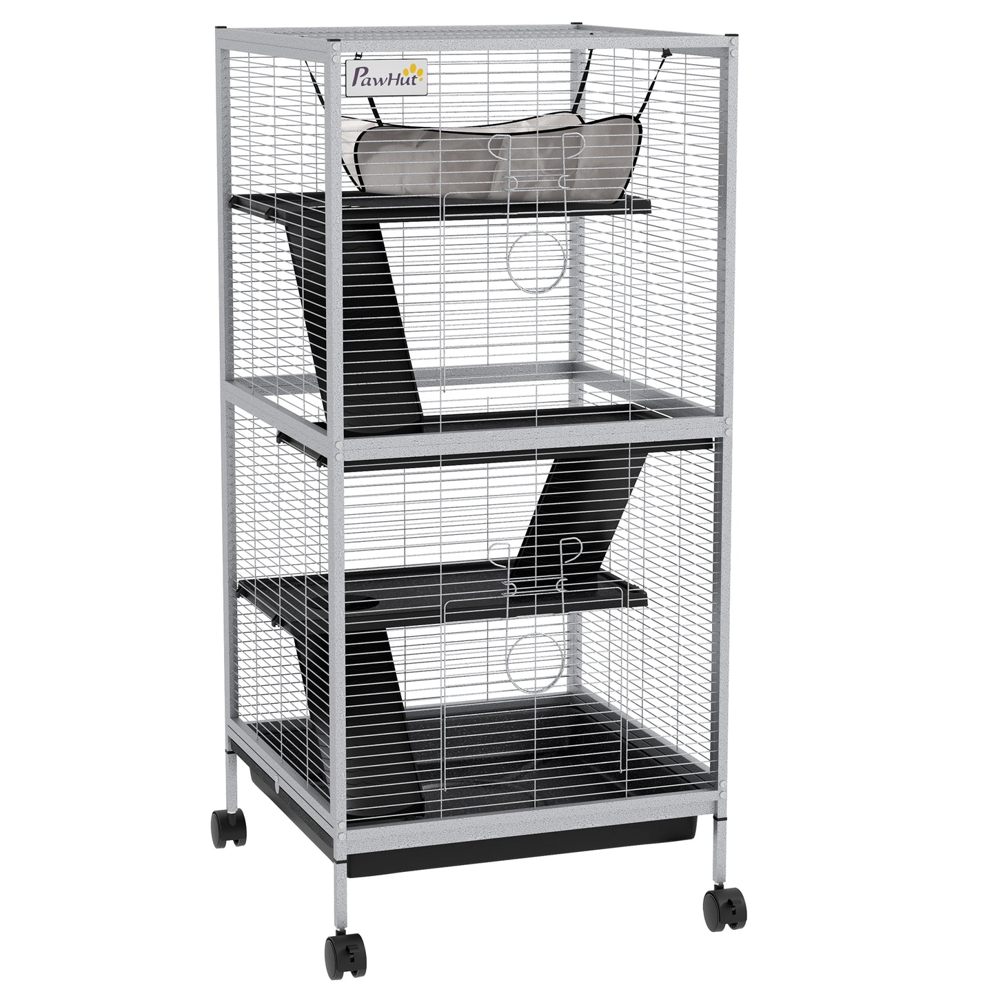 Pawhut Jaula Para Animales Pequeños De 4 Niveles Con Ruedas 52x52x113,5cm Gris_0