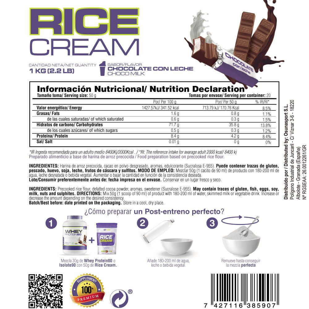Rice Cream (crema De Arroz Pregelatinizada) - 1kg - Chocolate Con Leche - Fuente De Carbohidratos De Buen - Masmusculo_5