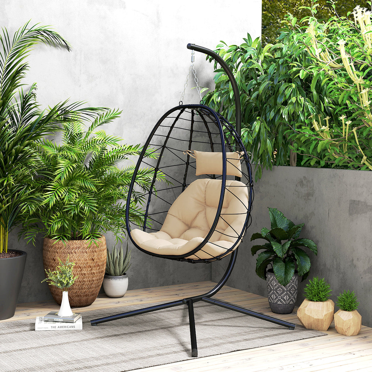 Outsunny Silla Colgante Huevo Con Soporte Con Cesta Plegable Cojín Caqui_3