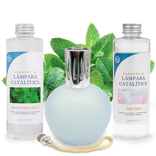 Pack Lámpara Catalítica Azul Grisáceo Mate + Fragancia Mountain Mint 500ml + Limpiador Neutro 200ml + Mecha Repuesto_0