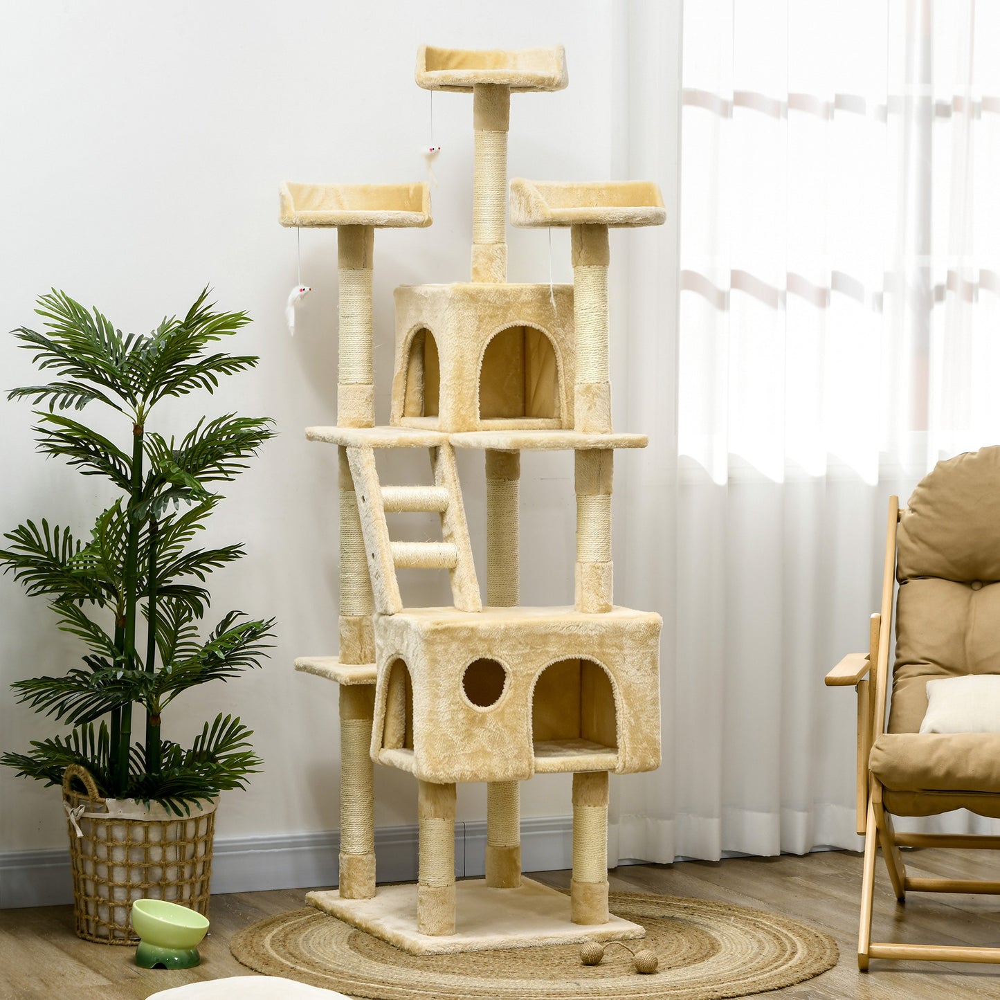 Pawhut Rascador Árbol Para Gatos Grande 60x50x181cm Con Poste Escaleras Cuevas_1