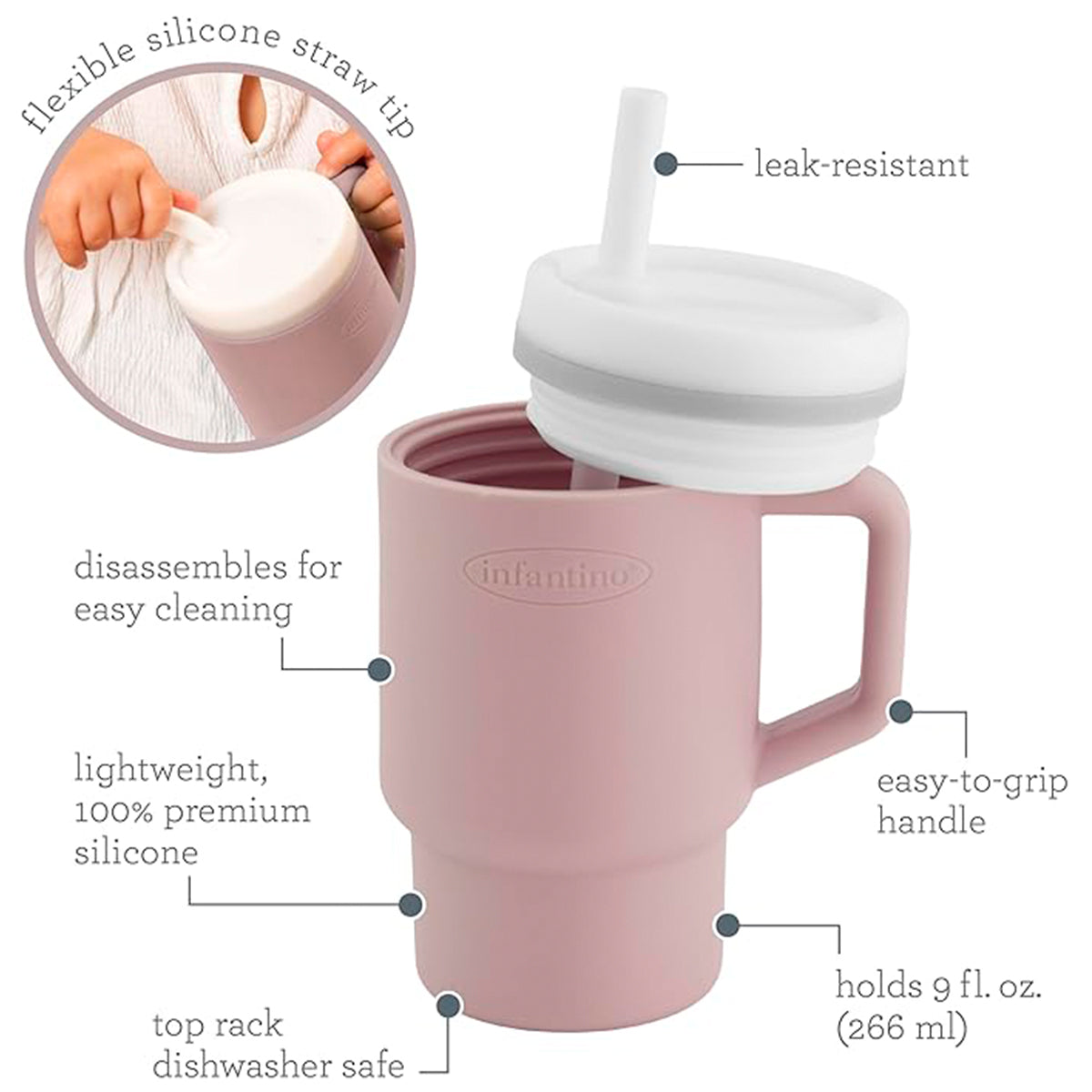 Infantino Mi Primer Vaso, Pajita Resistente Y Asa Para Niños Pequeños, Fácil De Limpiar, 250ml, Pastel Rosa_1
