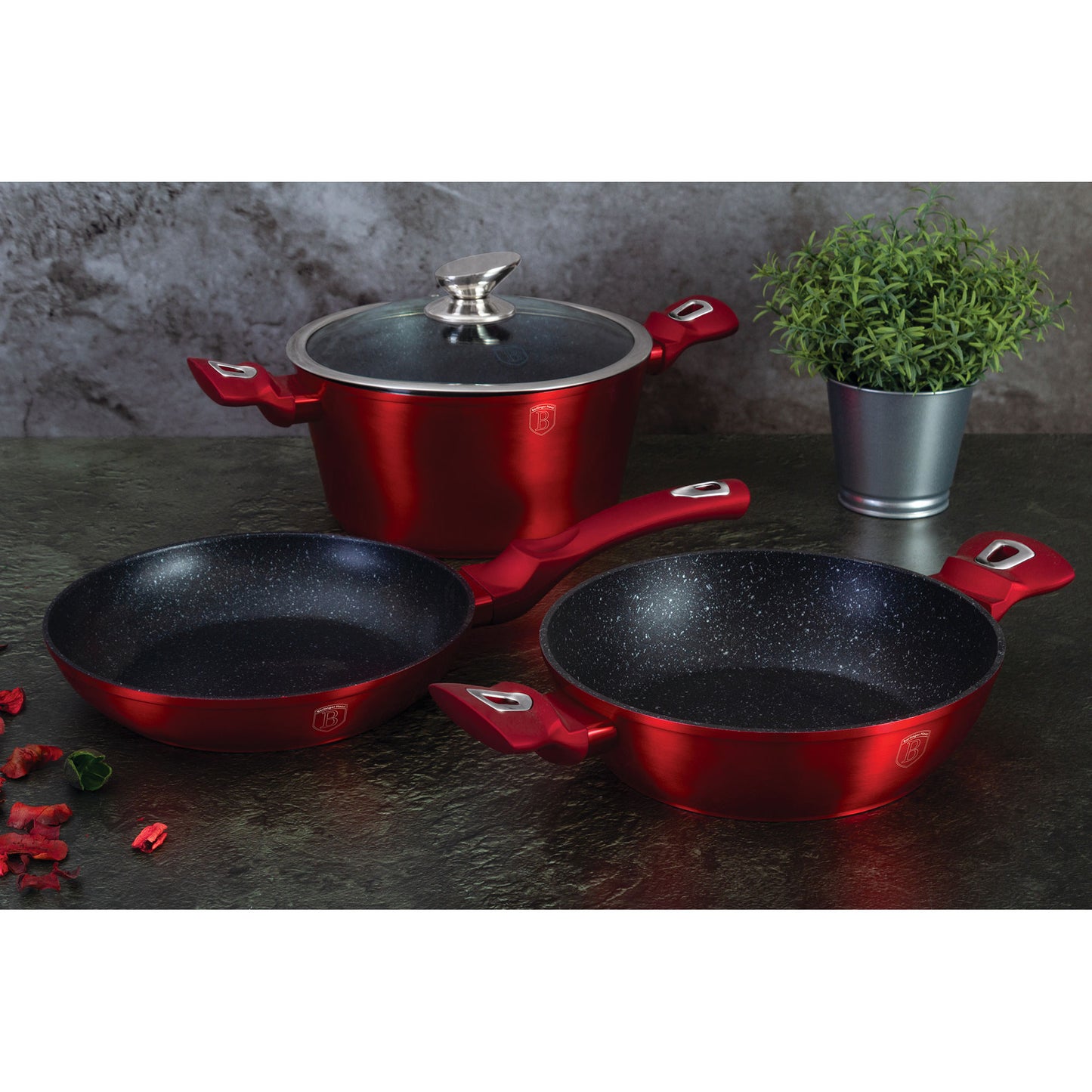 Batería De Cocina Aluminio Forjado Antiadherente Sin Pfoa, Set 2 Cacerolas, 1 Sartén, Tapas Berlinger Haus Burgundy Rojo_2