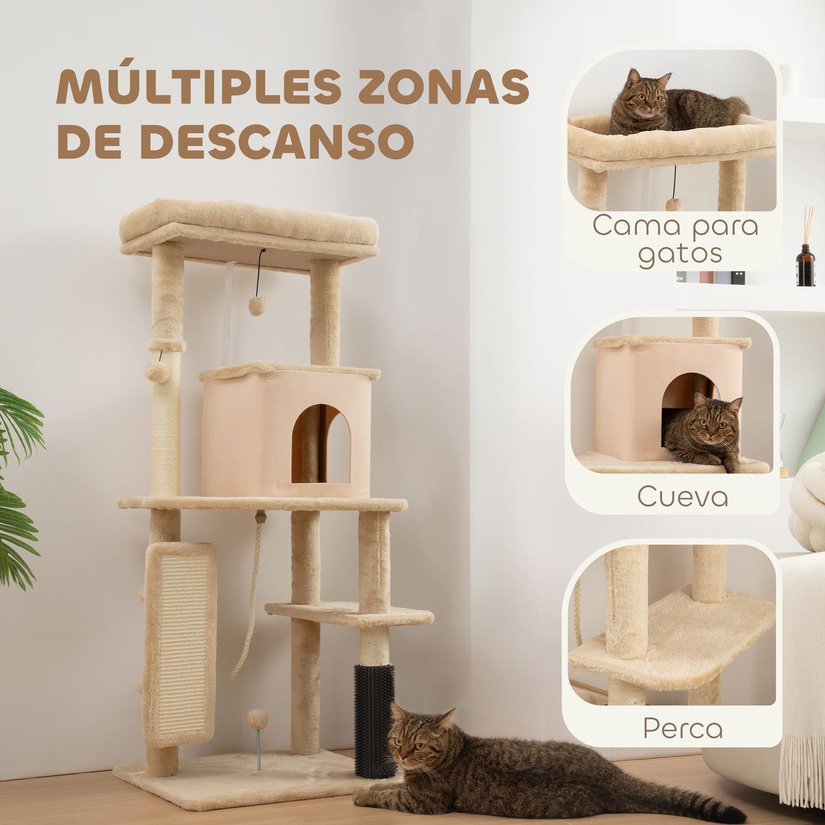 Pawhut Árbol Rascador Para Gatos Grande Altura 132 Cm Beige_3