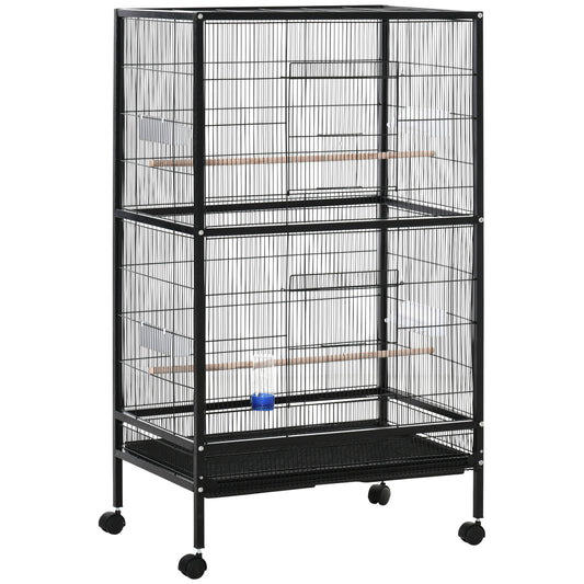 Pawhut Jaula Para Pájaros Con 4 Ruedas Con Comederos Y Bandeja 79x52x137cm Negro_0