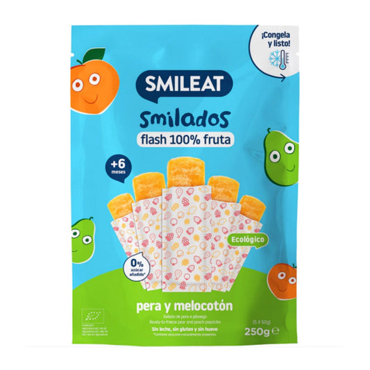 SMILADO pera y melocotón ecológico, helado flash infantil 100% fruta SMILEAT