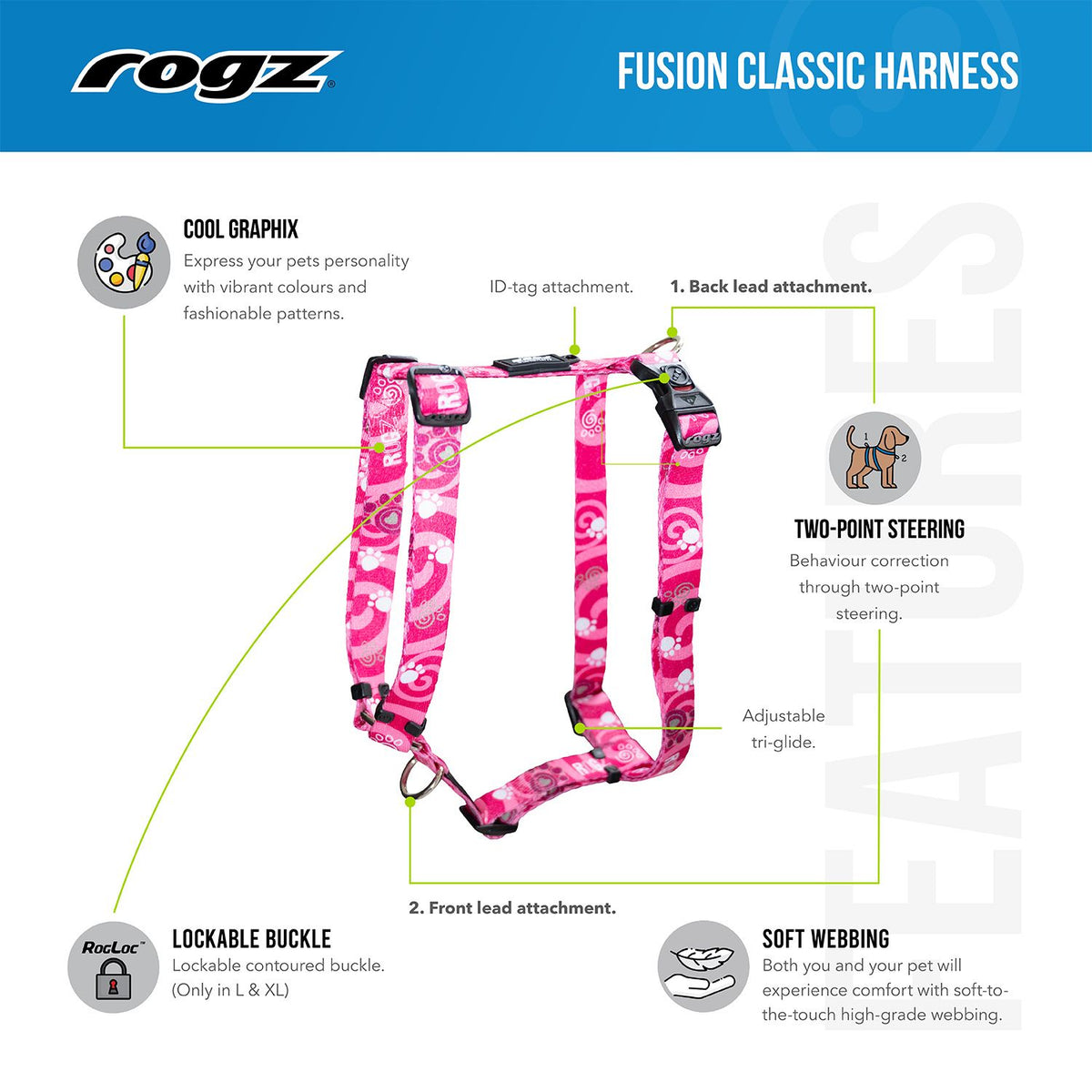 Arnés Para Perro, Modelo Fusion De Rogz, Estampado Huellas Rosas. Talla Xl (39-64kg)_1